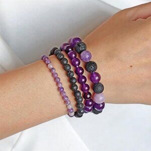 NEW 4pc Beaded Lepidolite Lava Rock & Amethyst Anxiety Stress Relief Bracelet